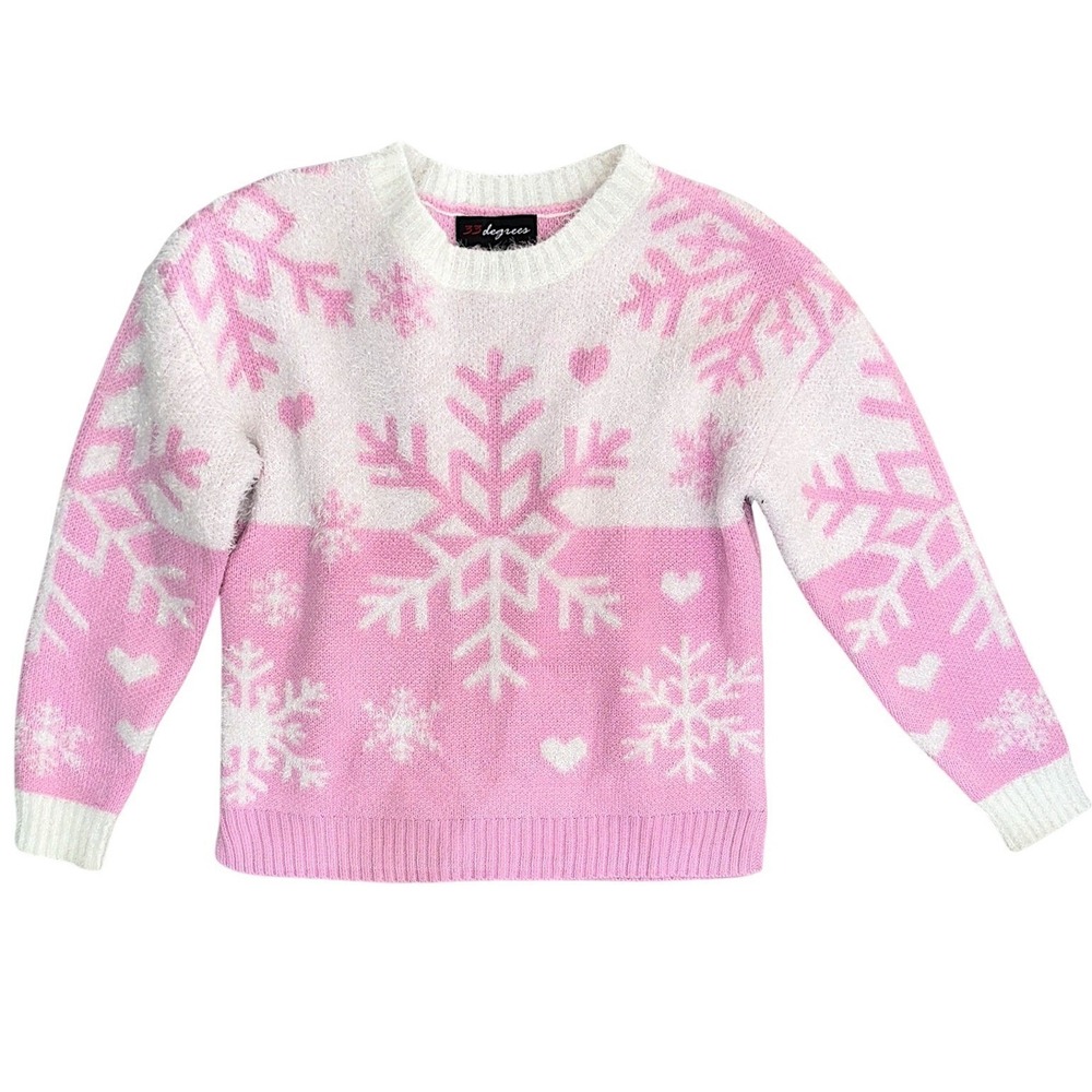 XS Pink White Snowflake Heart Fuzzy Winter Knit‎ Sweater Pullover Christmas